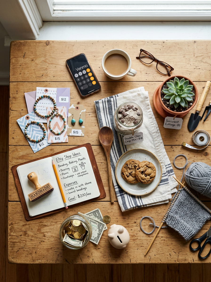 Workspace with handmade jewelry, earrings, succulent cuttings, cookies, coins, knitting supplies, coffee, and notebook with Etsy shop ideas