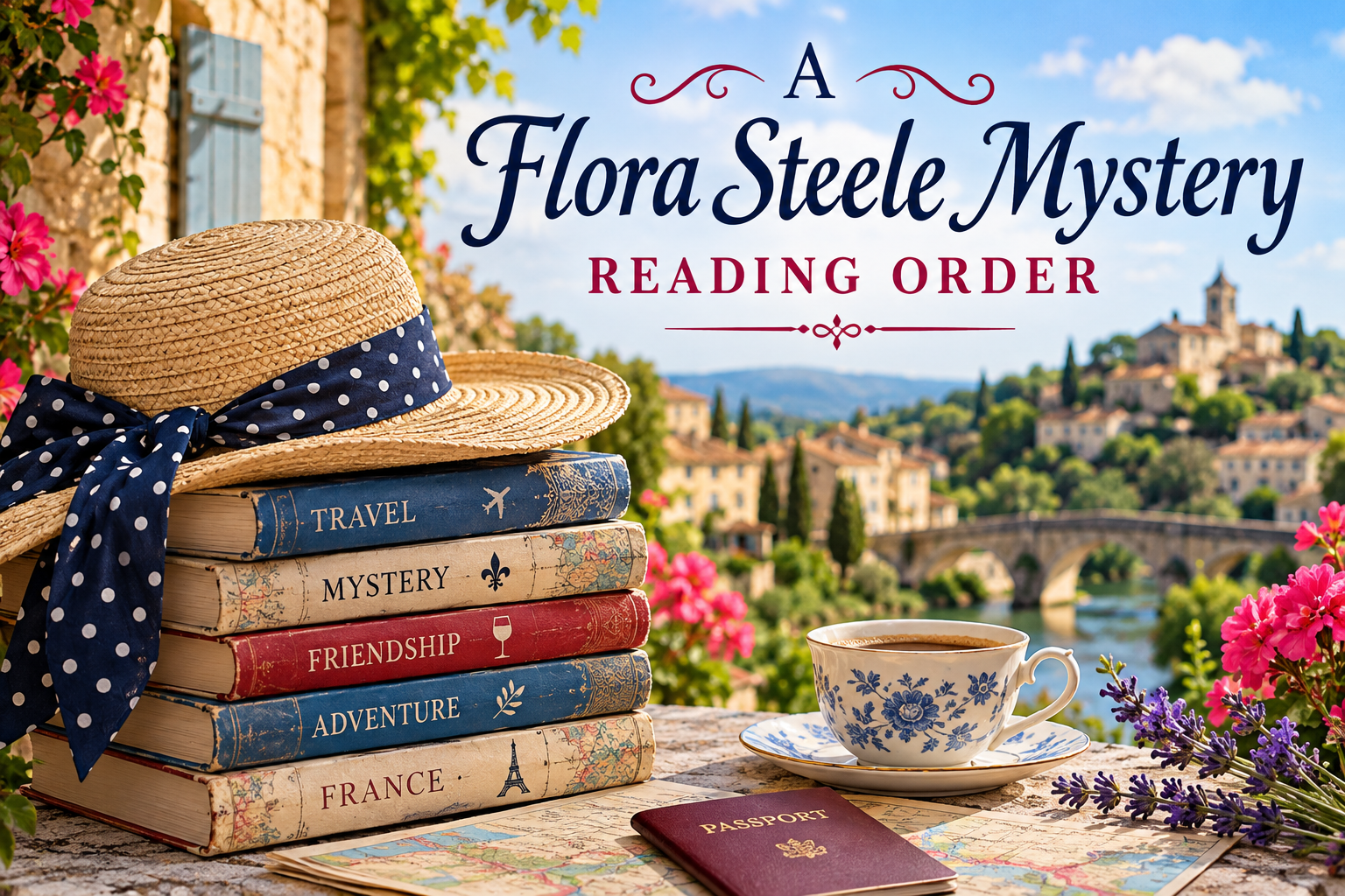 A stack of mystery and travel books beside a straw hat and tea, overlooking a picturesque European village.