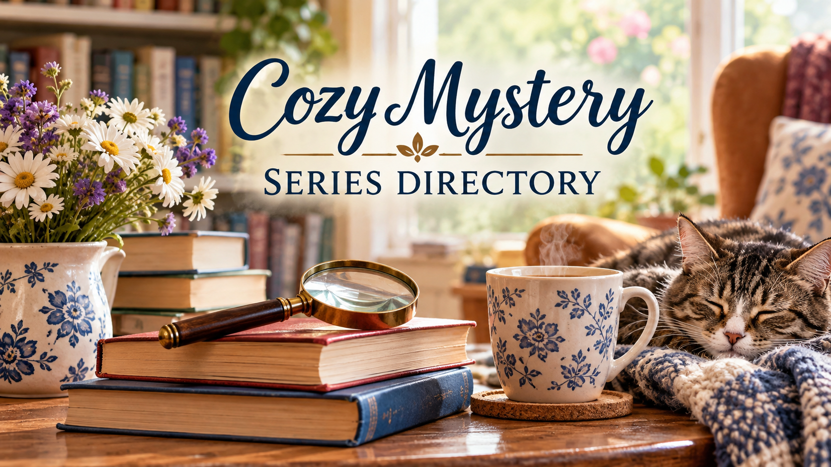A cozy reading nook with stacked mystery books, a brass magnifying glass, a floral teacup, daisies, and a sleeping tabby cat.